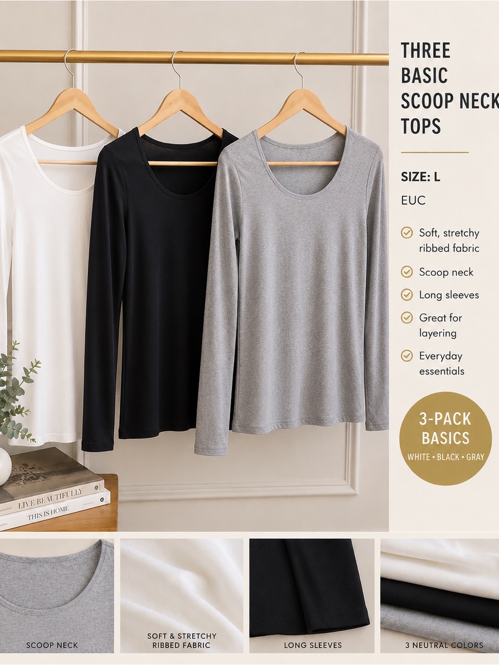 SHEIN 3-Pack Scoop Neck Long Sleeve Tees - White, Black, Gray